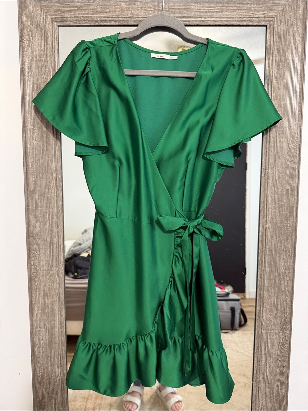 Emerald Green Wrap Mini Dress with Ruffle Hem